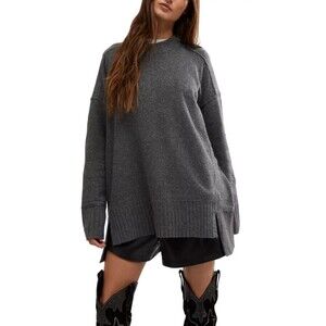 Free People Phoebe Oversized Slouchy Gray Knit Crewneck Pullover Sweater Sz M